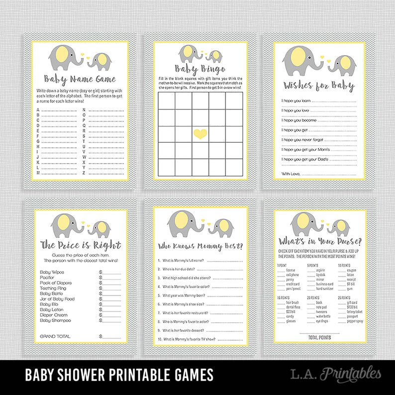 Elephant Baby Shower Games Mom and Baby Elephant Set of 8 Instant Print Party Games Printable Baby Shower Games Bundle