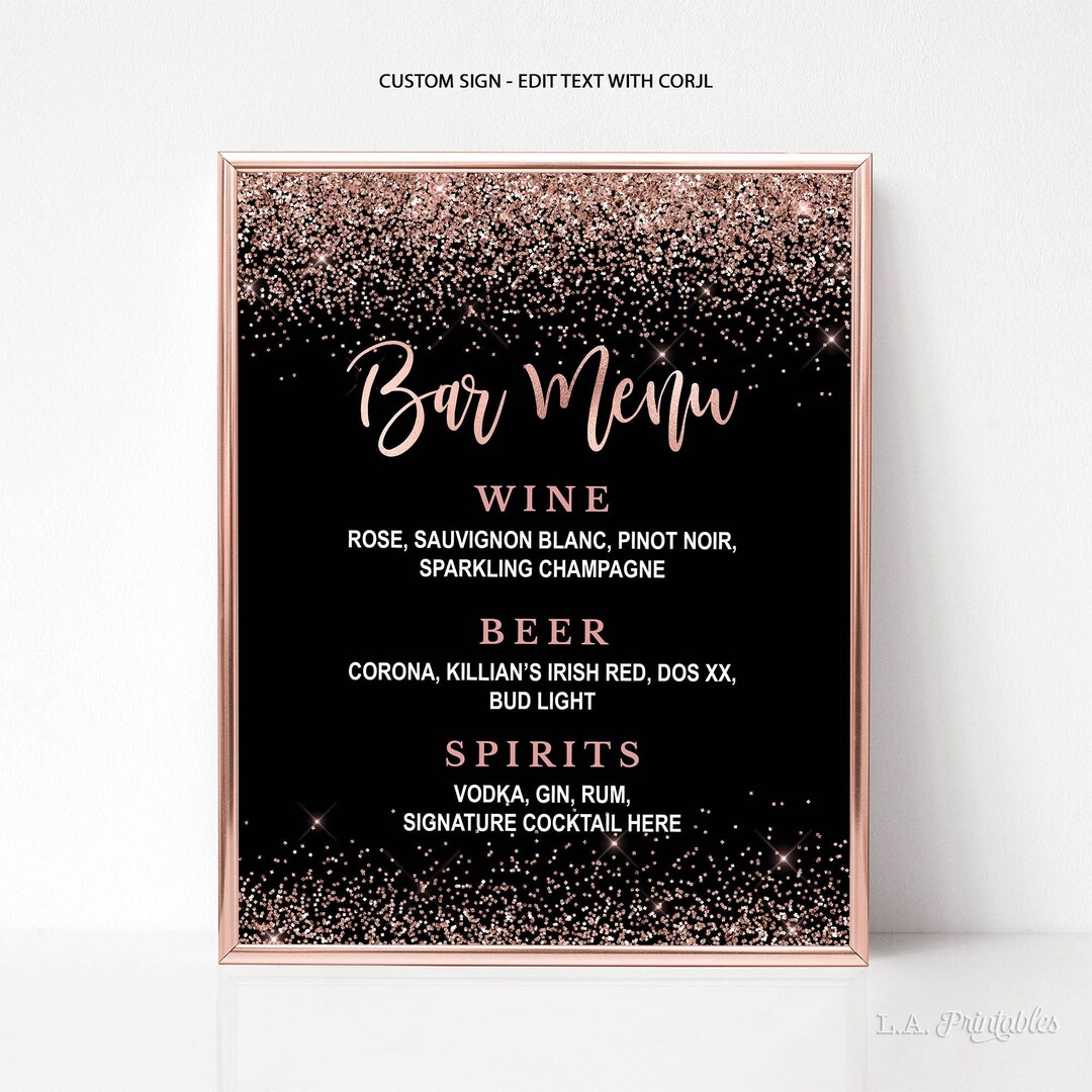 EDITABLE Rose Gold Bar Menu Sign Template, Rose Gold & Black Confetti