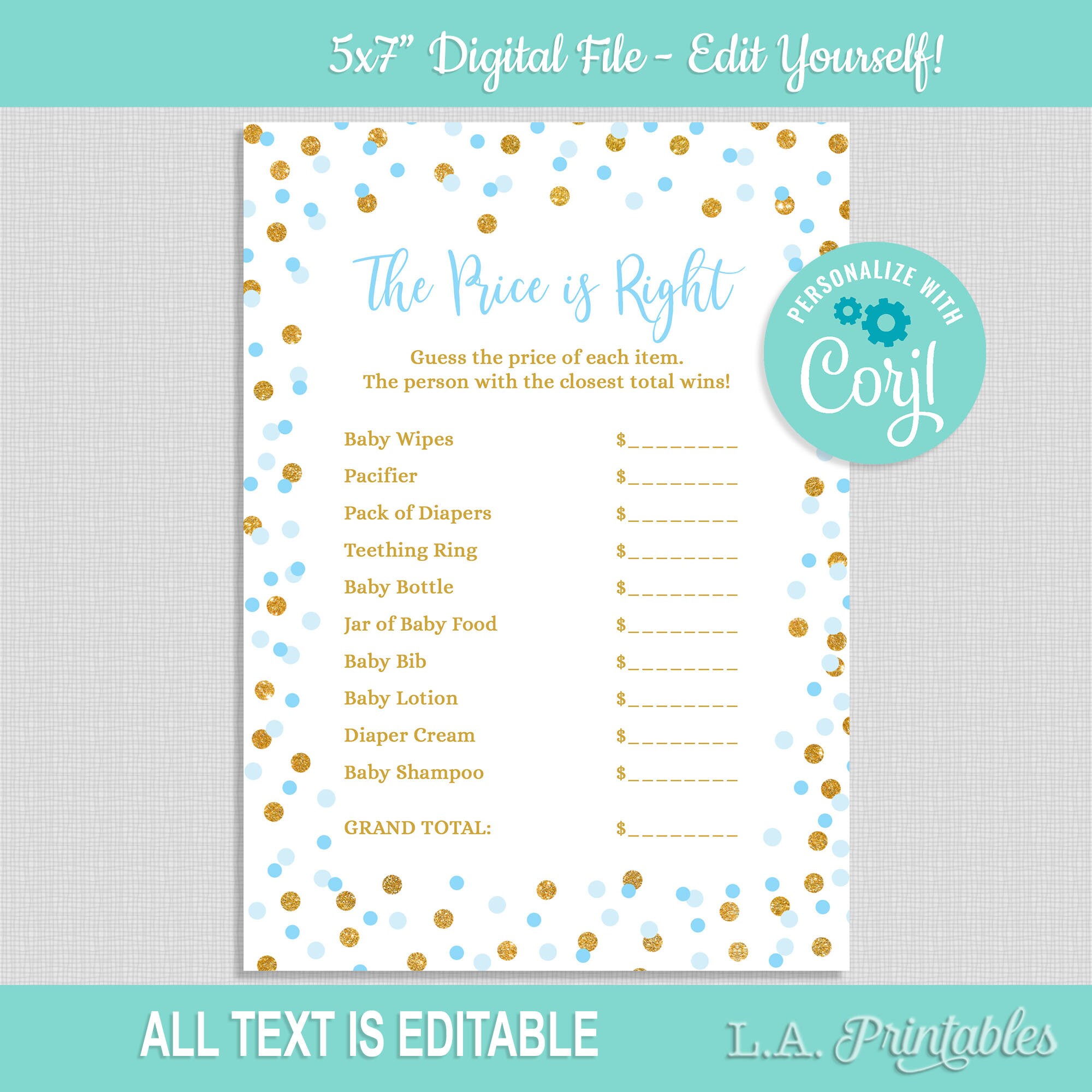 EDITABLE The Price is Right Baby Shower Game Template Blue &amp; | Etsy