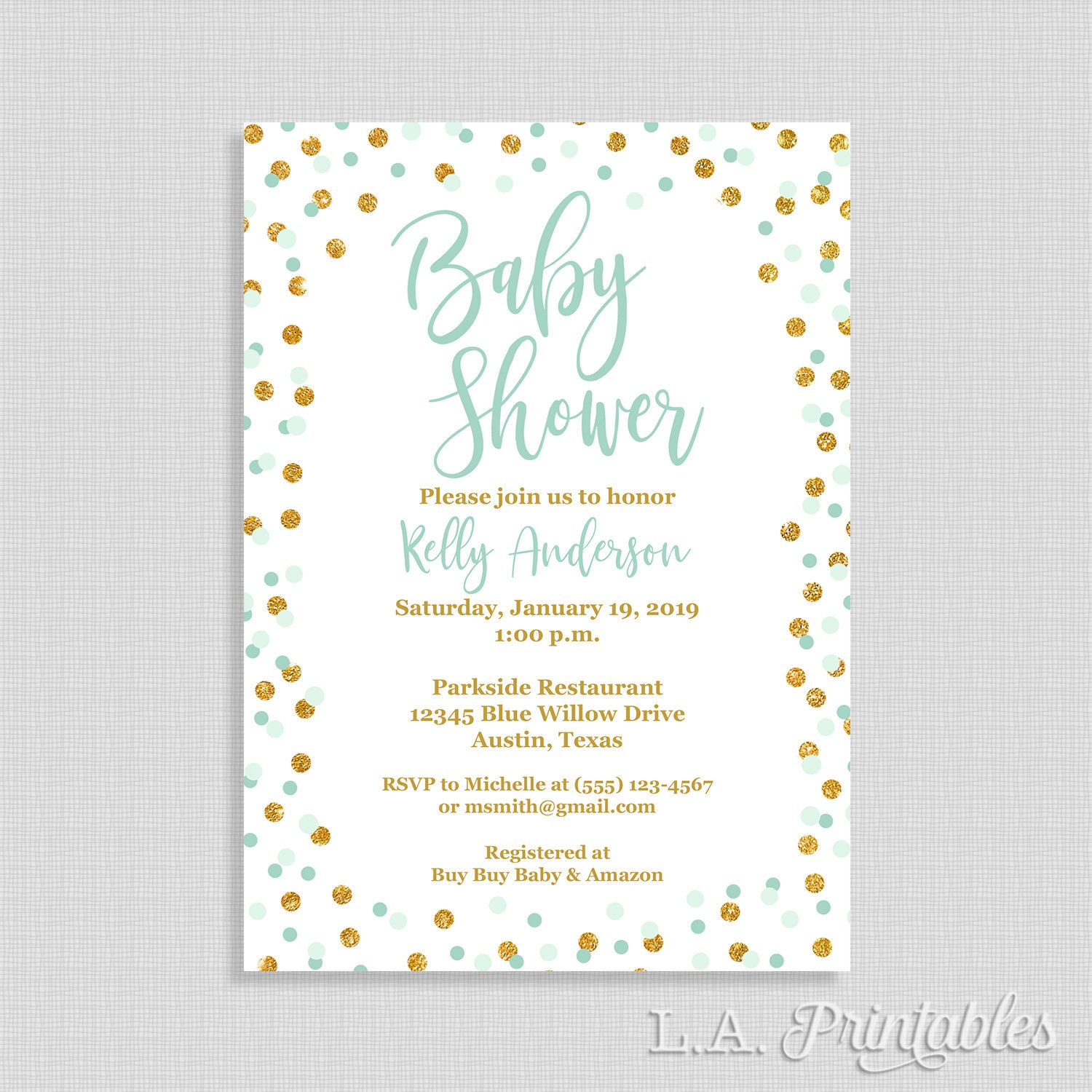 Mint Green and Gold Baby Shower Invitation Gold Glitter Etsy