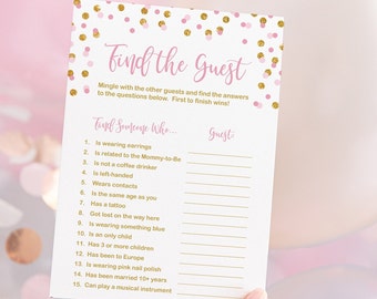 Find the Guest Who Baby Shower Game, Pink & Gold Glitter Confetti Shower Activity, INSTANT DOWNLOAD