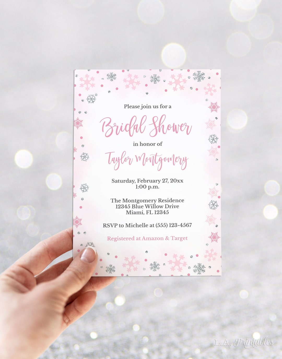 Editable Winter Bridal Shower Invitation Template Pink &amp; - Etsy