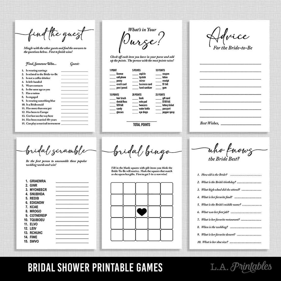 Minimalist Bridal Shower Games Package 6 Printable Black & Etsy