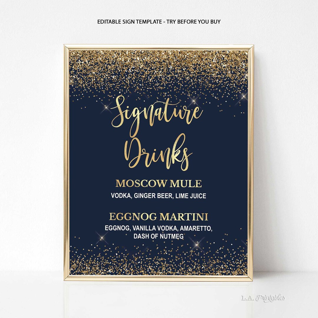 EDITABLE Navy &amp; Gold Signature Drinks Sign Template, Navy and Gold ...