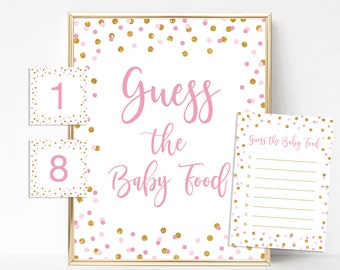 Guess the Baby Food Sign and Game Cards, Pink & Gold Glitter Confetti, Baby Girl Shower Game, INSTANT DOWNLOAD