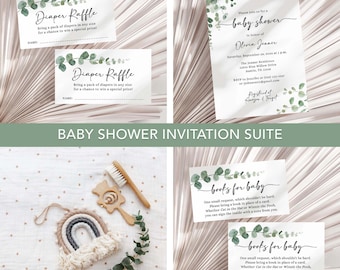 Eucalyptus Baby Shower Invitation Suite Template, Editable Greenery Eucalyptus Baby Shower Invite Set, TEMPLETT, EUC