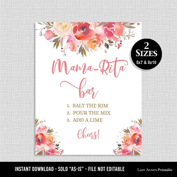Mama-Rita Bar Baby Shower Sign, Peach Coral Watercolor Floral.