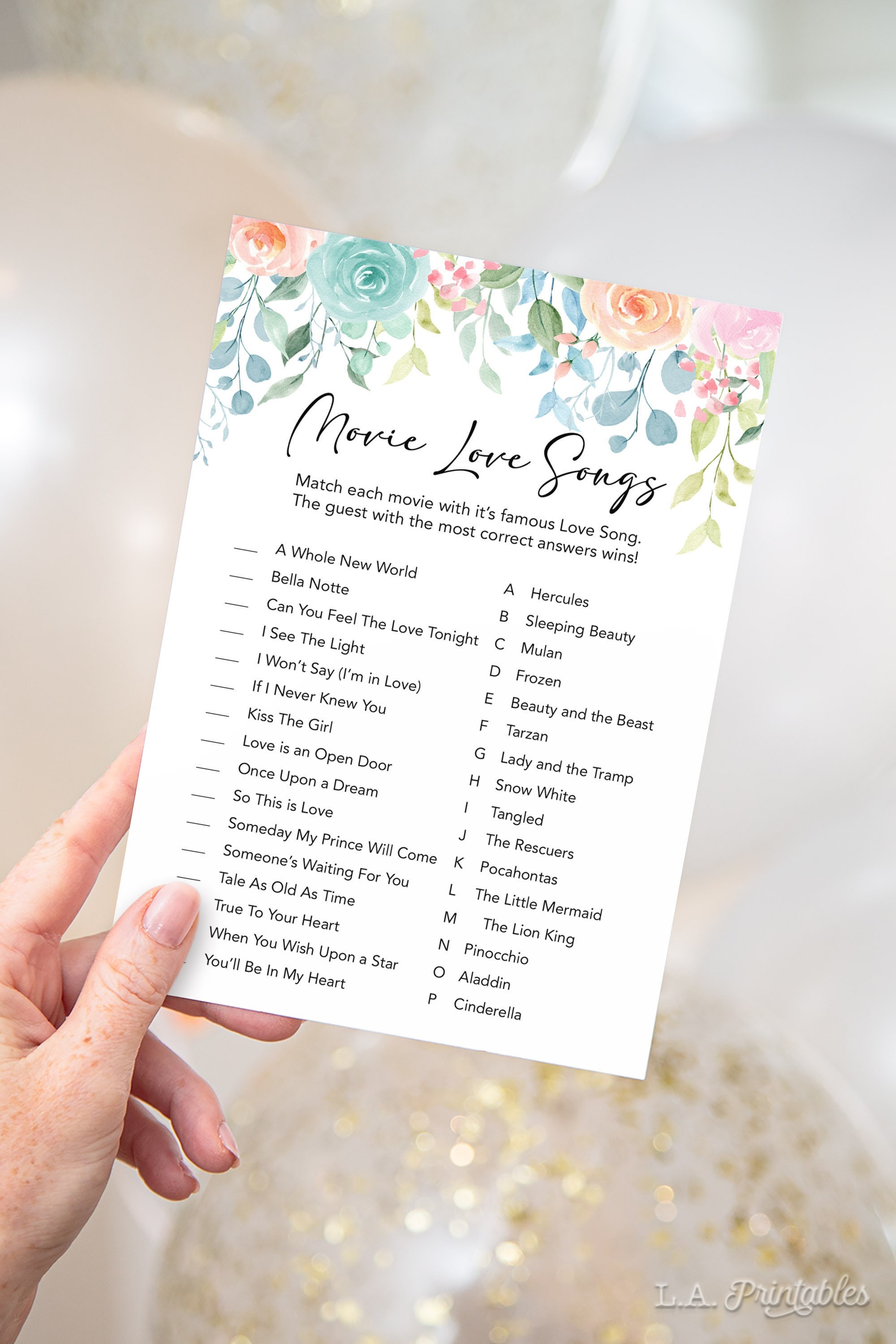 Movie Love Songs Bridal Shower Game Pastel Floral Shower - Etsy Finland