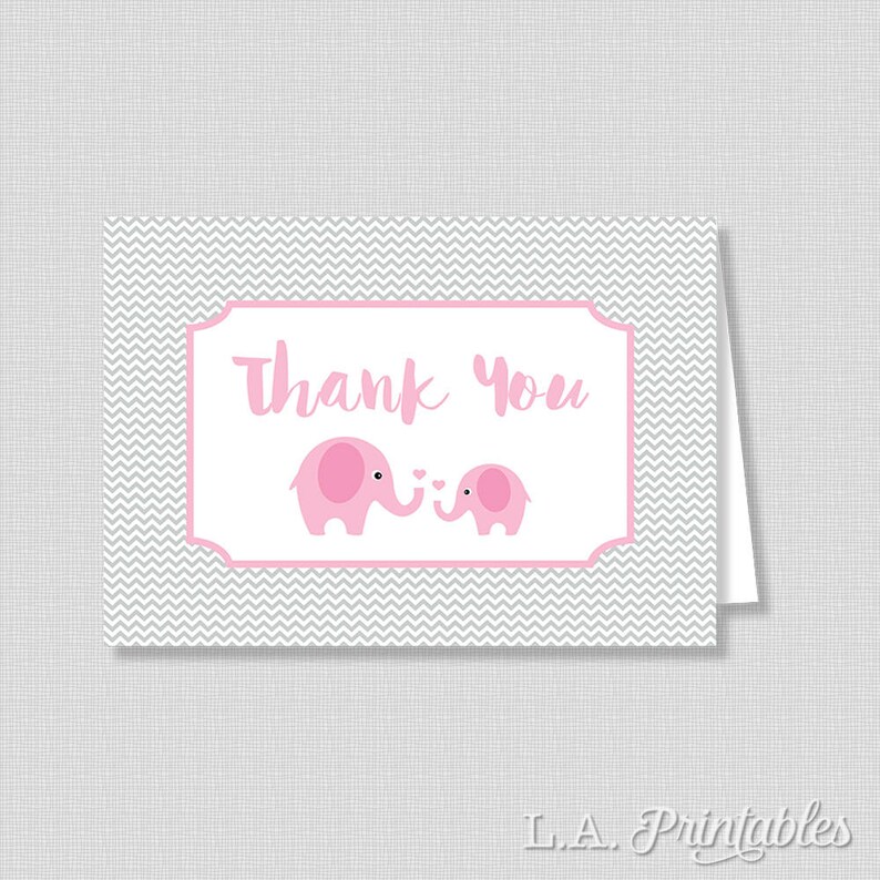 INSTANT DOWNLOAD Pink Elephant Printable Thank You Card Pink Elephant Grey Chevron Baby Shower Thank You
