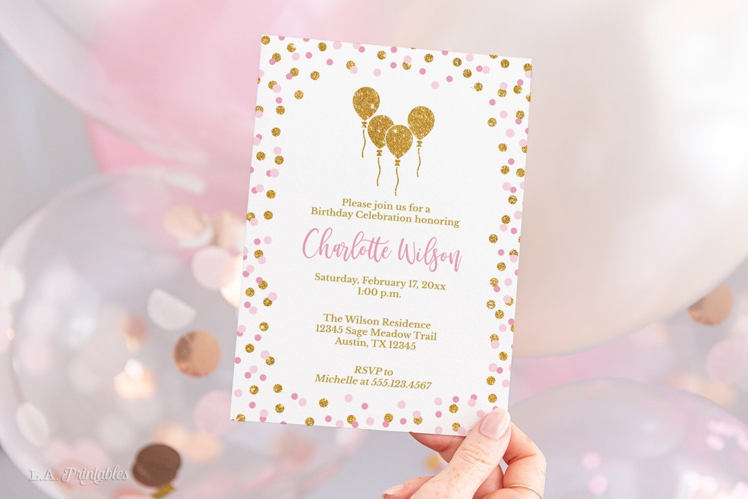 Editable Pink Birthday Party Invitation Template, Pink &amp; Gold Glitter ...