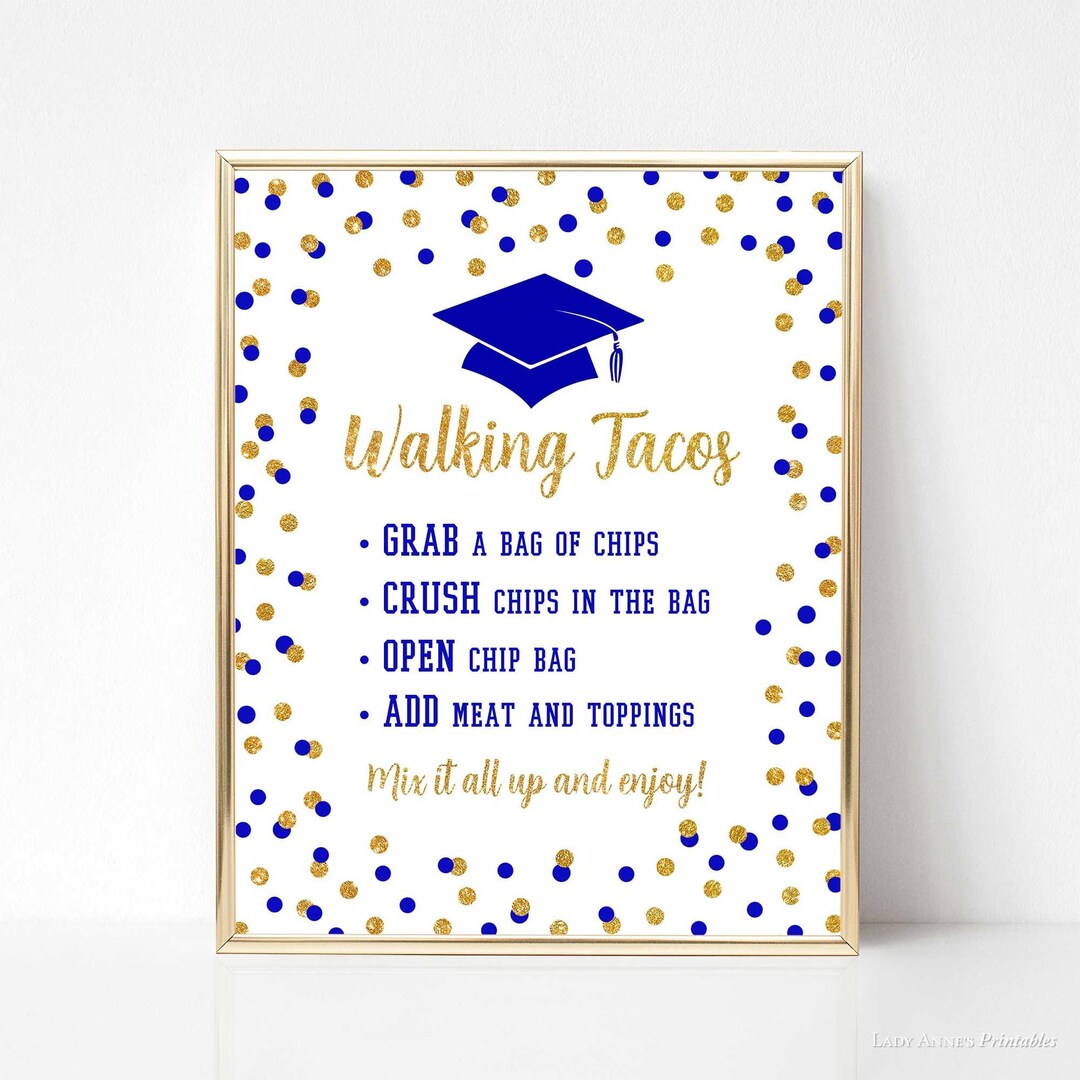 Walking Tacos Graduation Party Sign, Royal Blue & Gold Glitter Confetti