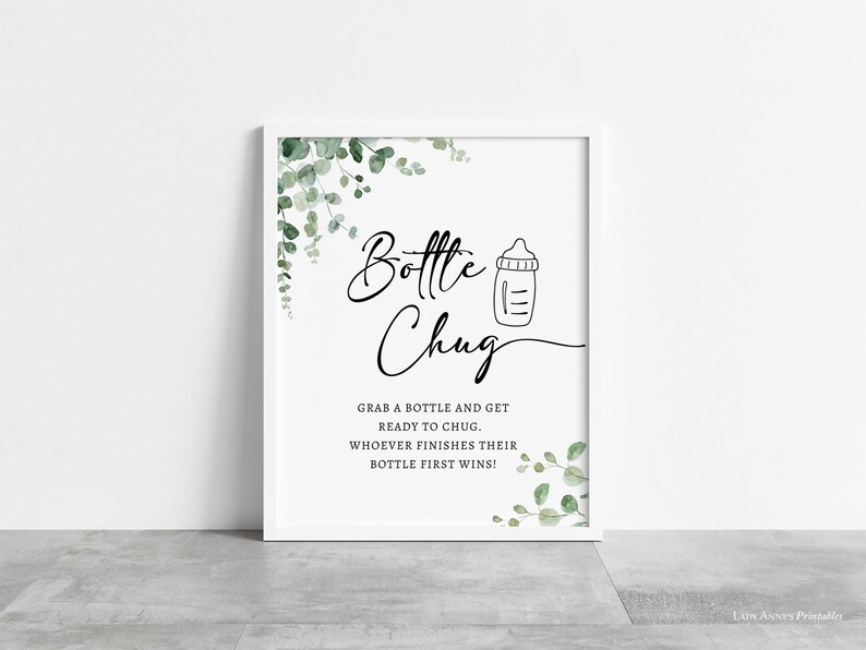 Bottle Chug Baby Shower Game Sign, Eucalyptus Greenery Shower Game, 2