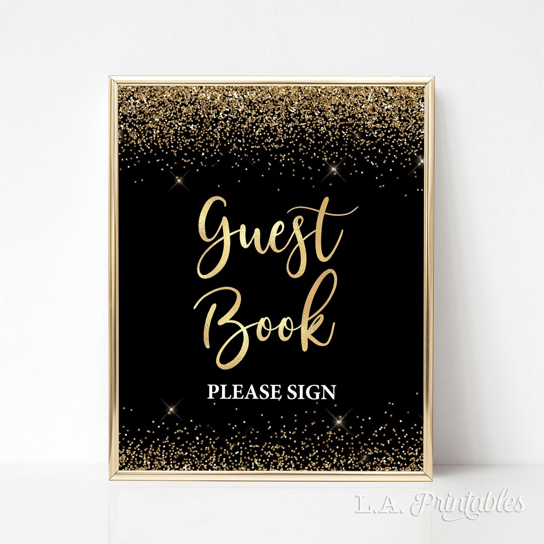 Guest Book Table Sign Black & Gold Glitter Confetti 2 Bridal - Etsy