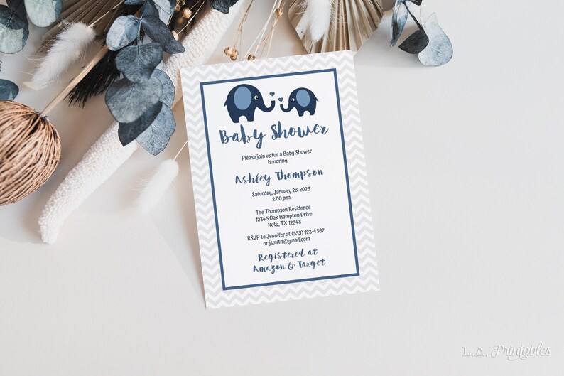 Navy Elephants Baby Shower Invitation Template Editable Baby Etsy