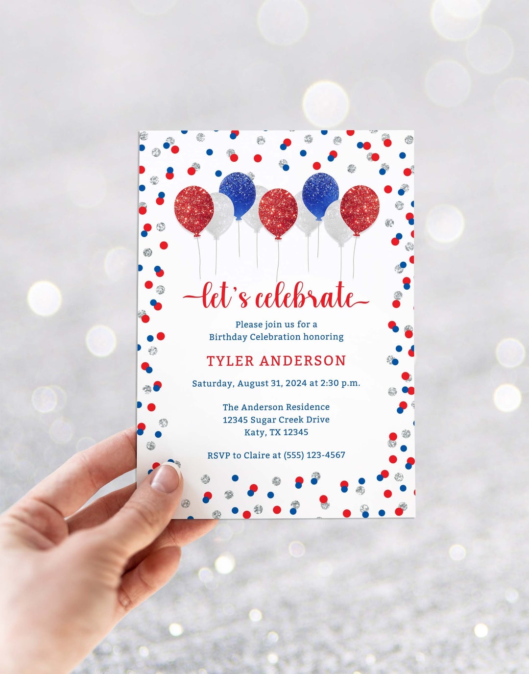 Patriotic Birthday Invitation Template, Red, Blue &amp; Silver Glitter ...