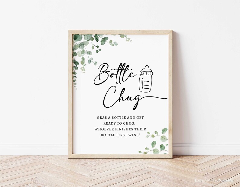 Bottle Chug Baby Shower Game Sign, Eucalyptus Greenery Shower Game, 2