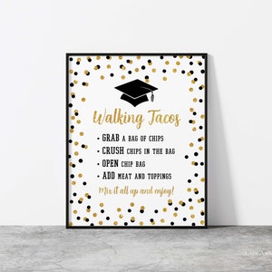 Walking Tacos Graduation Party Sign, Black & Gold Glitter Confetti Taco