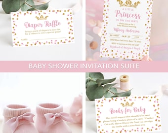 Princess Baby Shower Invitation Suite Template, Pink & Gold Princess Editable Invite Set, Baby Girl, Corjl