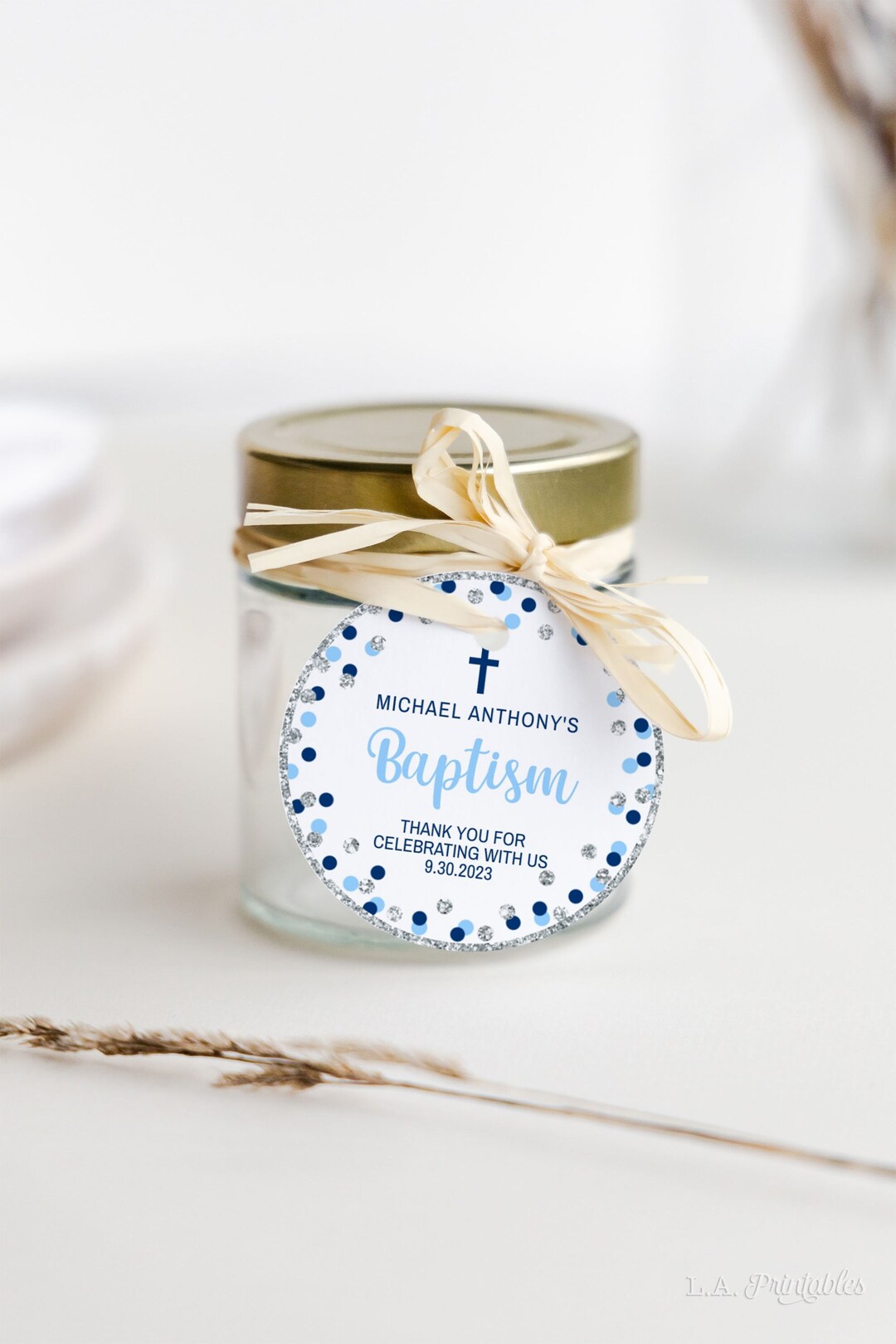EDITABLE Baptism Favor Tags Template, Dark &amp; Light Blue Glitter ...