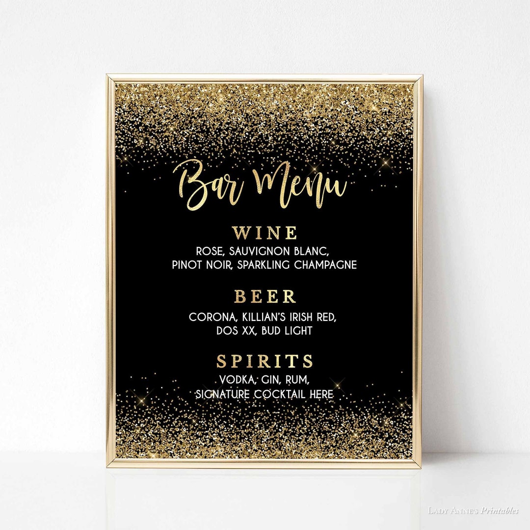 Black & Gold Bar Menu Sign Template, Black and Gold Glitter Confetti 2