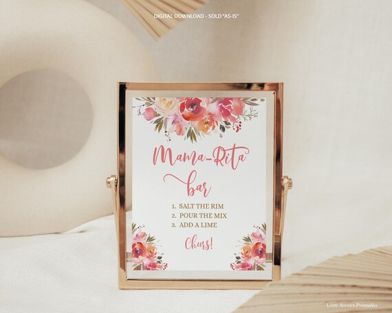 Mama-Rita Bar Baby Shower Sign, Peach Coral Watercolor Floral.