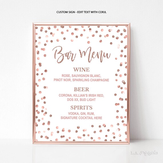 EDITABLE Rose Gold Bar Menu Sign Template Rose Gold Glitter Etsy