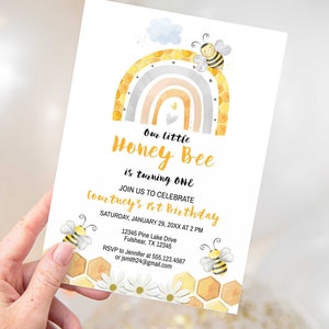 Honey Bee Editable Birthday Party Invitation Template, Yellow Printable Birthday Invite, Any Age, Corjl