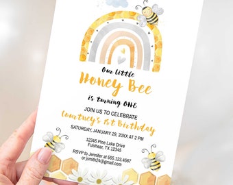 Honey Bee Editable Birthday Party Invitation Template, Yellow Printable Birthday Invite, Any Age, Corjl