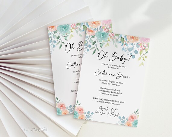 Pastel Baby Shower Printable Invitation Pastel Floral Shower | Etsy