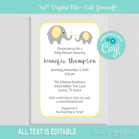 Editable Baby Shower Invitation Yellow Elephant Grey Chevron Etsy