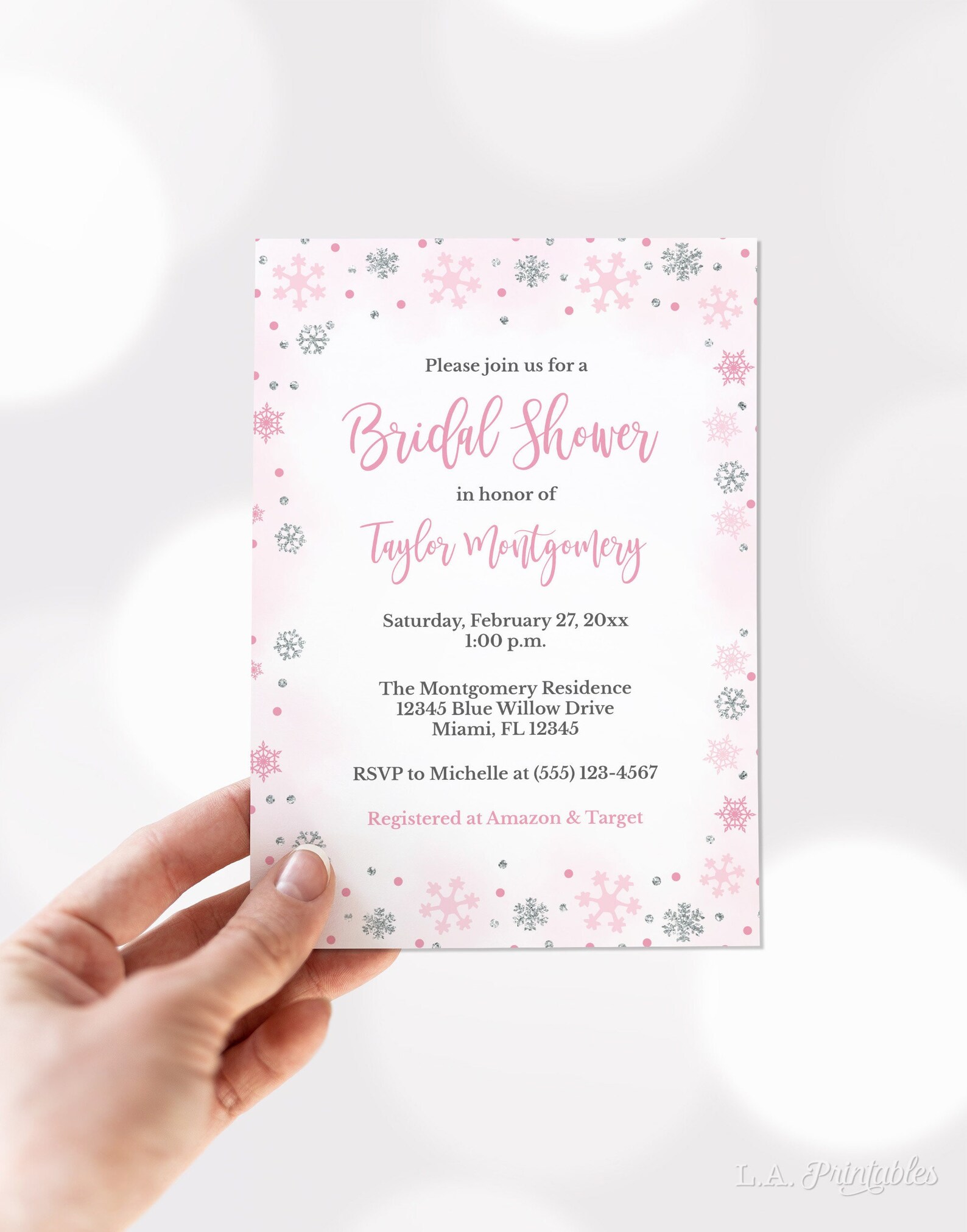 Editable Winter Bridal Shower Invitation Template Pink &amp; - Etsy