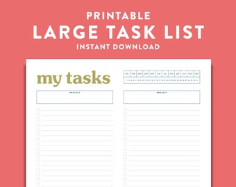 Printable Tasks List, To Do List, Productivity Planner, Organizer, Undated Planner, Planner, Large List, Project Planner, Large List