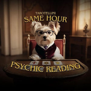 Può includere: Immagine di un piccolo cane bianco con occhiali, un gilet bordeaux e una cravatta viola, seduto a un tavolo. Il testo "TAROTELLINI SAME HOUR PSYCHIC READING" è visualizzato in lettere dorate.
