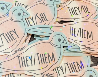 Pronoun Pigeon Glitter Vinyl Waterproof LGBTQ2S+ Transgender 3” Stickers