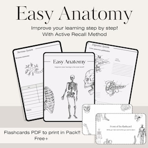 Może przedstawiać: Zestaw drukowanych fiszek anatomicznych zatytułowanych "Easy Anatomy". Fiszek przedstawiają szczegółowe ilustracje układu nerwowego i pokarmowego oraz schematy szkieletu. Tekst brzmi: "Ulepsz swoją naukę krok po kroku! Z metodą aktywnego przypominania."