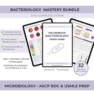 Op de afbeelding: Bacteriologie Mastery Bundle 3-in-1 compleet systeem met de volledige studiegids, diagrammen voor diagnostische kweekmedia en celwandarchitectuur. Bevat 32 hoogwaardige bento-pagina's in het formaat 21,59 x 27,94 cm voor microbiologie.