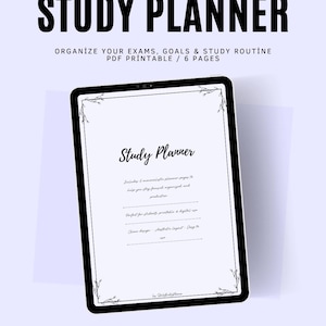 Könnte beinhalten: Ein digitales Study Planner auf einem Tablet. Der Titel "STUDY PLANNER" steht oben, darunter weiterer Text. Der Bildschirm des Planers zeigt "Study Planner" in Schreibschrift mit floralen Akzenten. Der Hintergrund ist hellviolett.