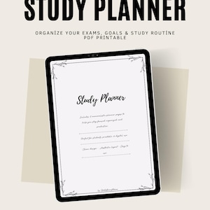Puede incluir: Un planificador de estudio digital en una tableta. La pantalla muestra "Study Planner" en escritura cursiva, con detalles debajo. El banner superior dice "Study Planner" en letras negritas. El planificador está diseñado para organizar exámenes, metas y rutinas de estudio.