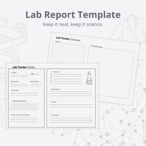 Op de afbeelding: Een labrapportsjabloon met de tekst "Lab Report Template" en "Keep it neat, keep it science." Het ontwerp bevat secties voor details, overzicht en procedure, met een bekerillustratie. De sjabloon is in zwart en wit.