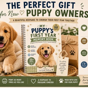May include: A spiral-bound memory book titled My Puppy's First Year Memory Book featuring a golden retriever puppy on the cover. The book includes sections to record milestones, capture memories, and celebrate firsts, with over 25 pages for photos.