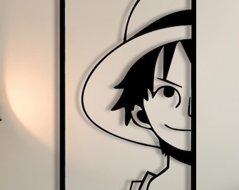 Decoración de pared minimalista de metal de Monkey D. Luffy – Silueta de anime de One Piece – Diseño de sombrero de paja