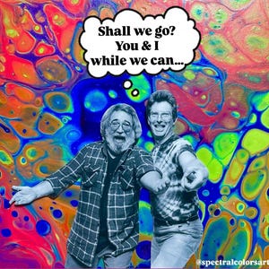 May include: Artwork featuring two men with a colorful, abstract background. One man wears a plaid shirt, the other a tie-dye shirt. A thought bubble above them reads, "Shall we go? You & I while we can..." The image has a psychedelic vibe.