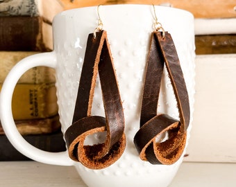 Long Double Knot Leather Drop Earrings