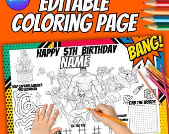 Avengers Birthday Coloring Page, Personalized Activity Mat (Digital File)