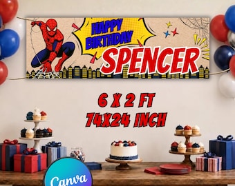 Editable Spider Birthday Banner Template, 72x24 Superhero Sign, DIY Painted Style, Spidey Canva Decor Backdrop (Digital Download) - SP14