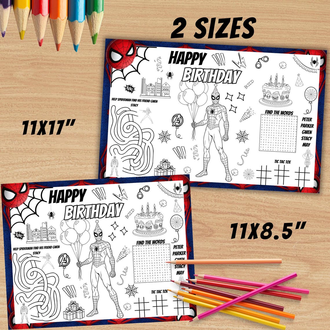 Spiderman Birthday Placemat Coloring Page, Superhero Activity (instant ...