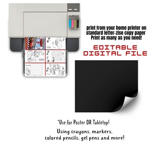 May include: A printer is shown with a printout of coloring pages. The printout includes images of cars and other objects. The text on the image says "print from your home printer on standard letter-zise copy paper Print as many as you need! EDITABLE DIGITAL FILE".