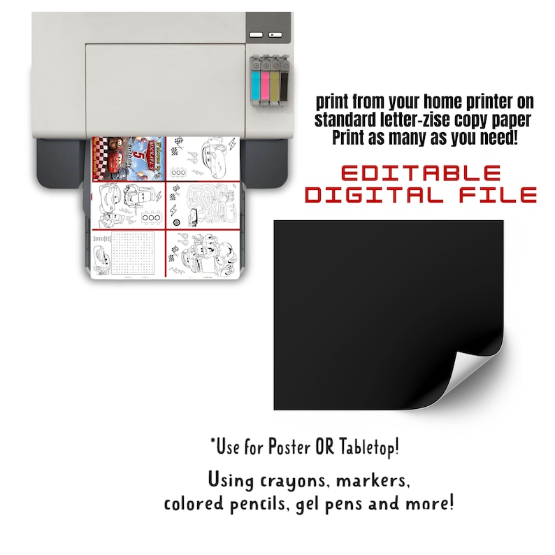 May include: A printer is shown with a printout of coloring pages. The printout includes images of cars and other objects. The text on the image says "print from your home printer on standard letter-zise copy paper Print as many as you need! EDITABLE DIGITAL FILE".