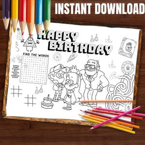 May include: A black and white coloring page with the text "HAPPY BIRTHDAY" and "INSTANT DOWNLOAD". The page features cartoon characters, a word search, and a maze. Colored pencils are scattered around the page.