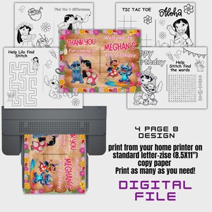 May include: A digital file featuring eight pages of Lilo & Stitch-themed activities, including coloring pages, mazes, and word searches. The design includes the text "Welcome to Meghan's 4th birthday" and instructions for printing at home.